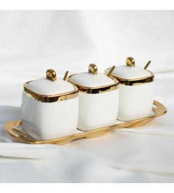 Set de 3 sucriers en porcelaine avec plateau et cuillères