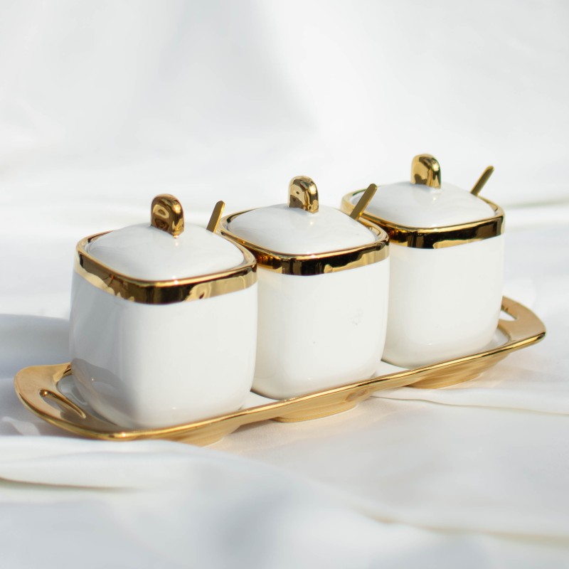 Set de 3 sucriers en porcelaine avec plateau et cuillères