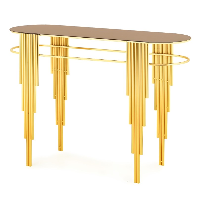 Table console décorative Melya en métal avec plateau en verre Table console décorative Melya en métal avec plateau en verre