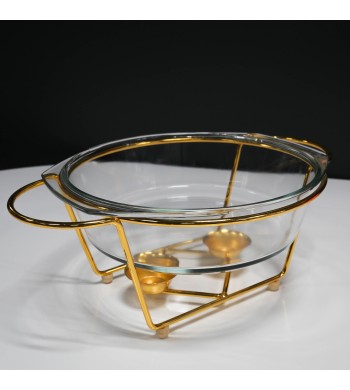 Chauffe plat forme rond en verre, couvercle doré