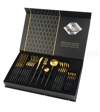 Ménagère 24 pièces en acier inoxydable noir et or