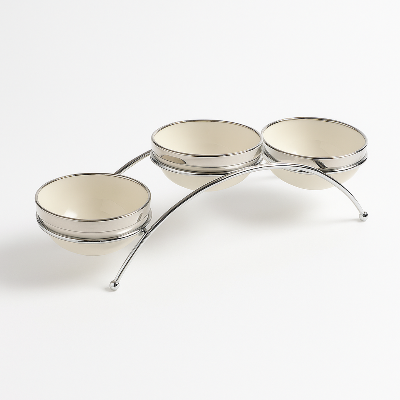 Set de 3 coupelles en céramique avec support chromé – Présentoir apéritif élégant