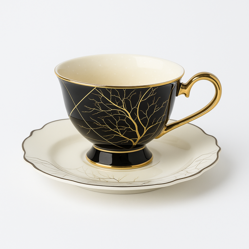 Tasse à café en porcelaine noire et dorée avec soucoupe – Design arbre raffiné Tasse à café en porcelaine noire et dorée avec soucoupe – Design arbre raffiné