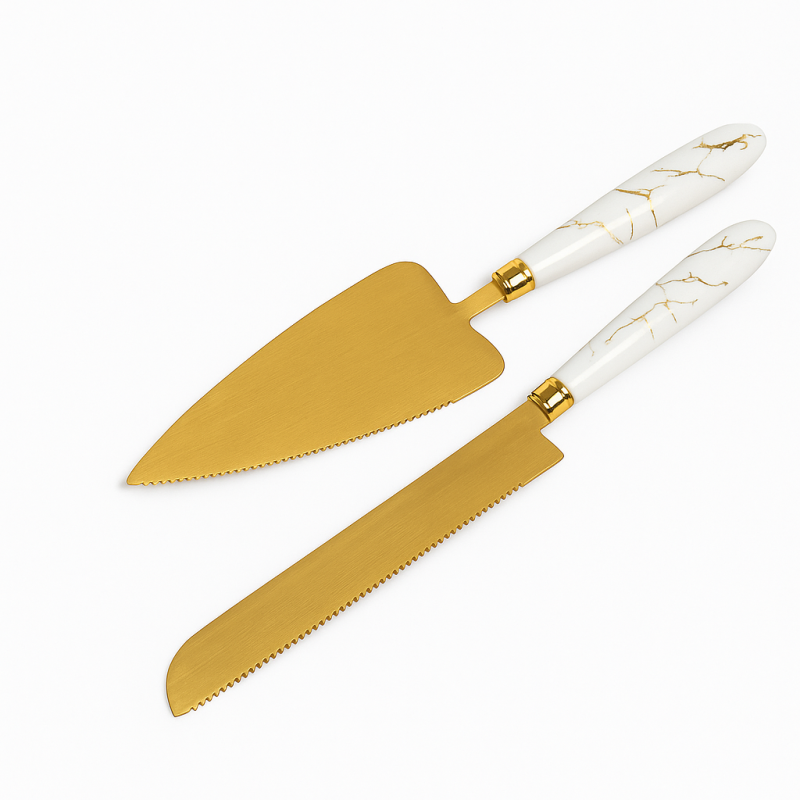 Set couteau et pelle à gâteau en inox – Manche design blanc marbré