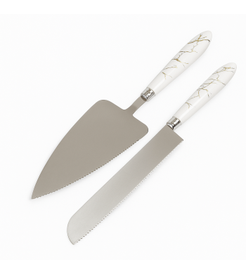 Set couteau et pelle à gâteau en inox – Manche design blanc marbré