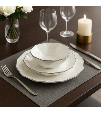 Service de table octogonal porcelaine fine 25 pièces argenté