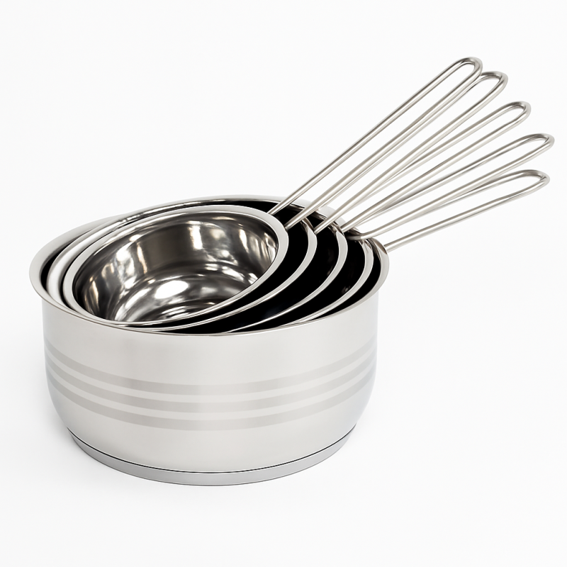 Set de 5 casseroles en inox avec manches – Résistantes et empilables