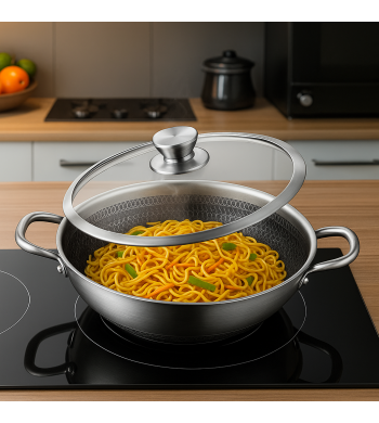 Poêle wok inox 32cm antiadhésif, anti-rayures - structure alvéolée nid d'abeille