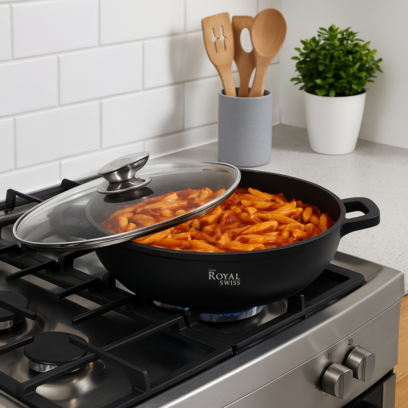 Royal Swiss® Batterie de Cuisine 12 Pièces en Acier Inoxydable – Revêtement Antiadhésif Nid d'Abeille – Sans PFAS – Compatible Induction & Tous Feux (2, 32 cm