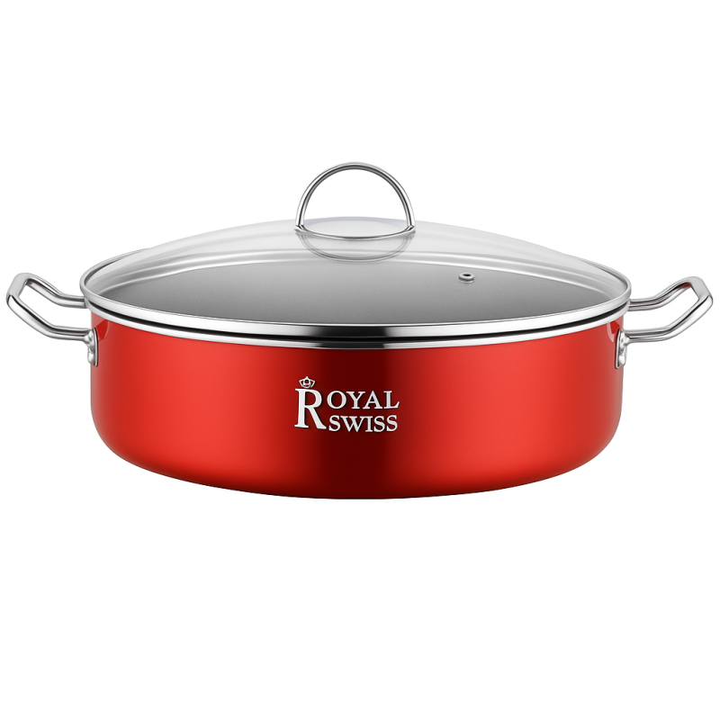 Faitout Royal Swiss rouge avec couvercle en verre – Design élégant et cuisson homogène Faitout Royal Swiss rouge avec couvercle en verre – Design élégant et cuisson homogène