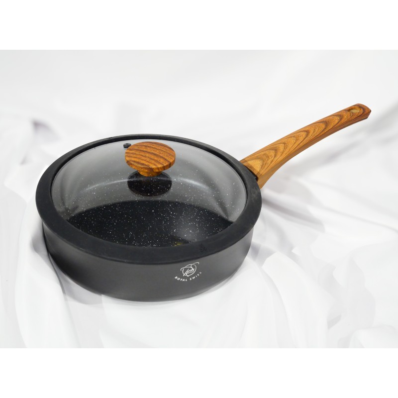 Poêle profonde Royal Swiss 24cm avec couvercle en verre – Design bois et antiadhésif Poêle profonde Royal Swiss 24cm avec couvercle en verre – Design bois et antiadhésif