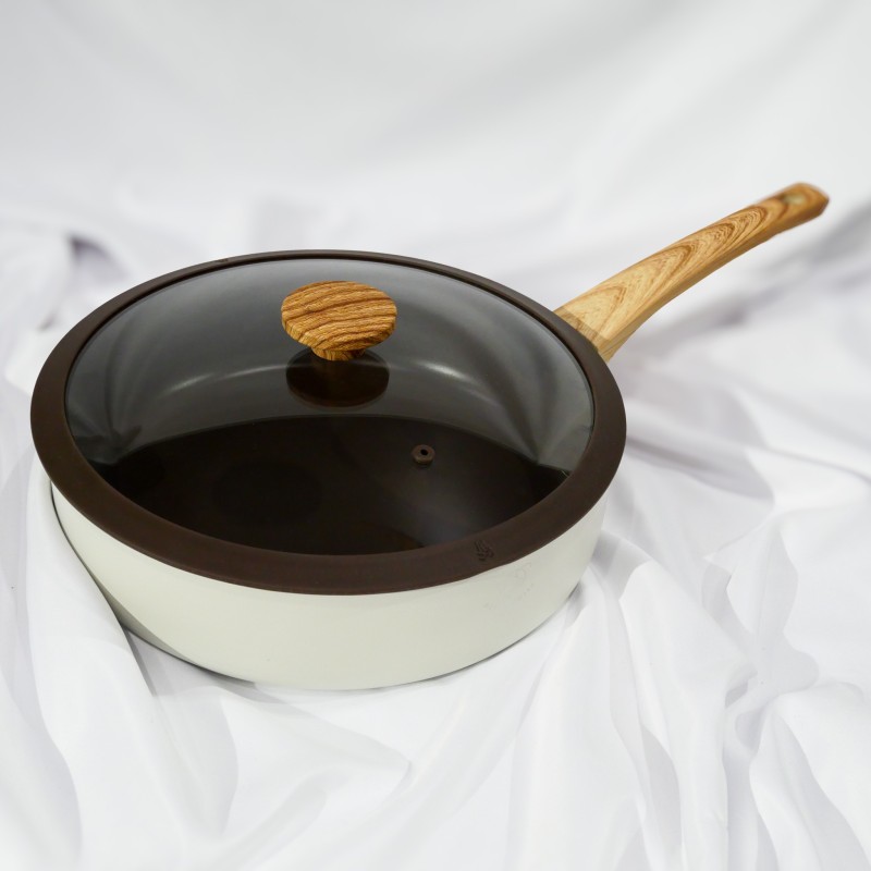 Poêle profonde Royal Swiss 28cm avec couvercle en verre – Design bois et antiadhésif