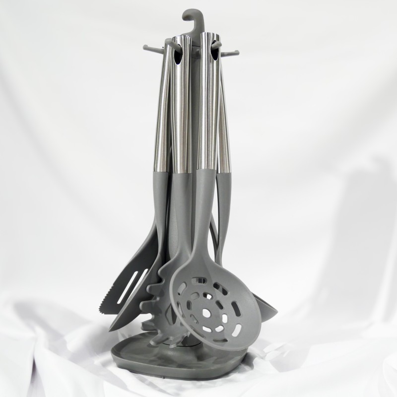 Set d'ustensiles de cuisine gris avec support 7 pièces