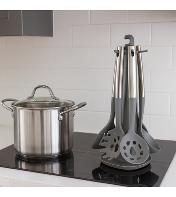 Set d'ustensiles de cuisine gris avec support 7 pièces