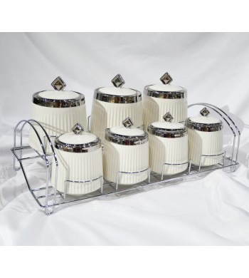 Set de 7 pots de rangement en céramique avec support Set de 7 pots de rangement en céramique avec support