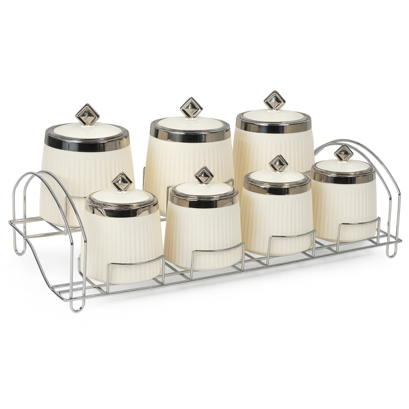 Set de 7 pots de rangement en céramique avec support Set de 7 pots de rangement en céramique avec support