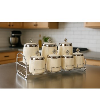 Set de 7 pots de rangement en céramique avec support Set de 7 pots de rangement en céramique avec support