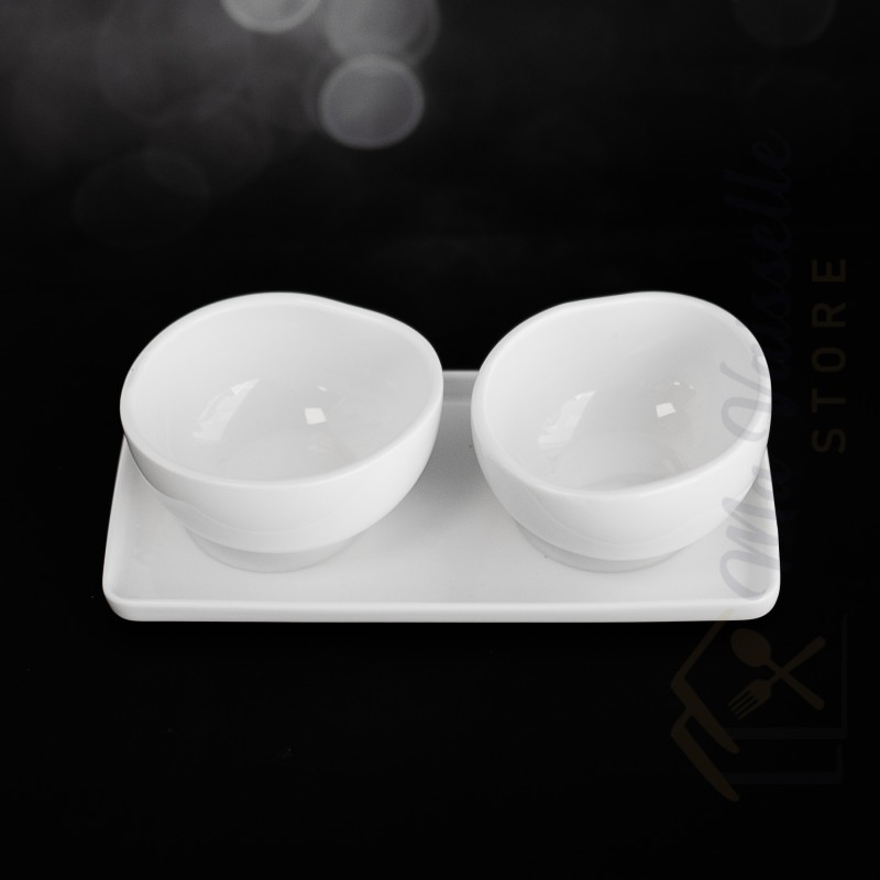 Plateau apéritif blanc 2 coupelles en céramique