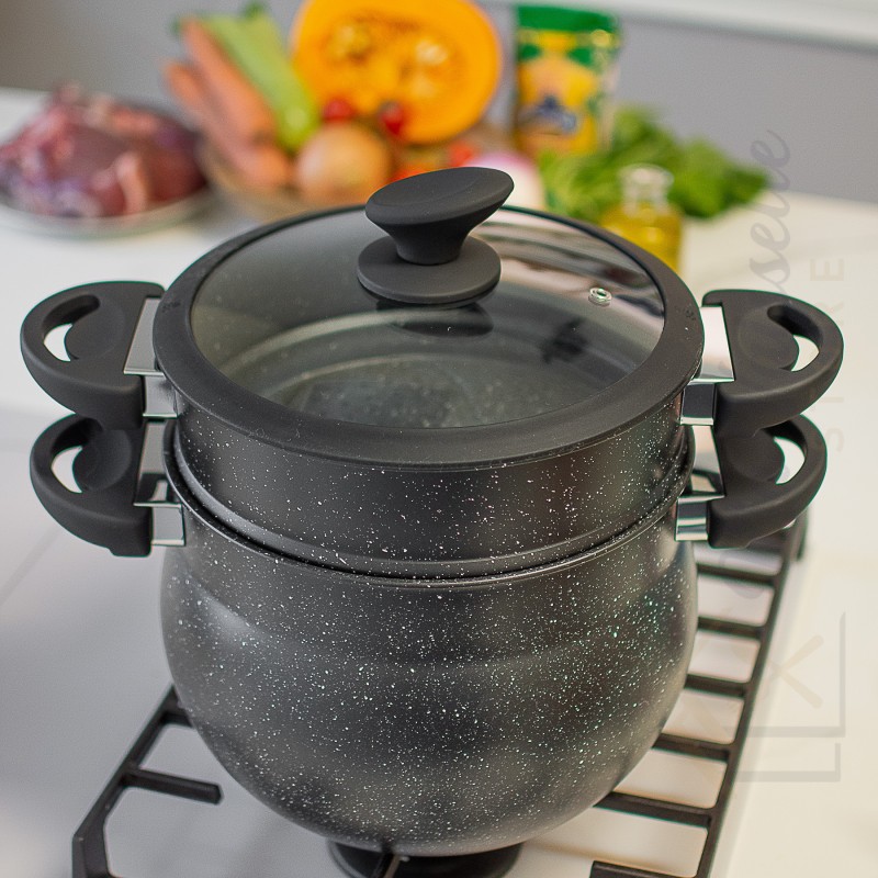 Couscoussier noir revêtement marbre avec panier vapeur