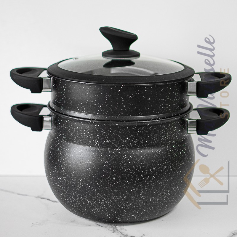 Couscoussier noir revêtement marbre avec panier vapeur