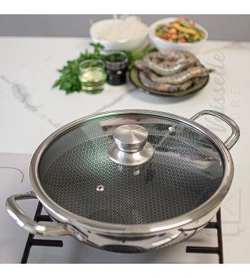 Poêle wok inox 32cm antiadhésif, anti-rayures - structure alvéolée nid d'abeille