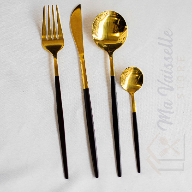 Ménagère coffret de 24 couverts en acier inoxydable noir et or