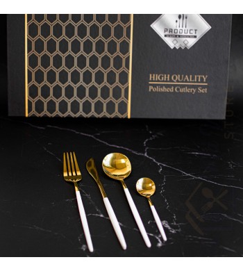 Set de couverts 24 pièces en acier inoxydable blanc doré