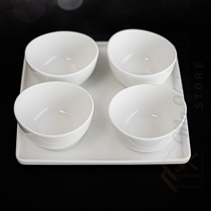 Plateau apéritif blanc 4 coupelles en céramique