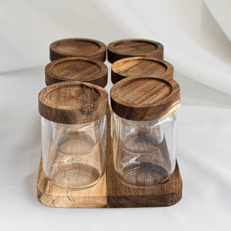 Set de 6 pots à épices Acacia avec plateau support en bois