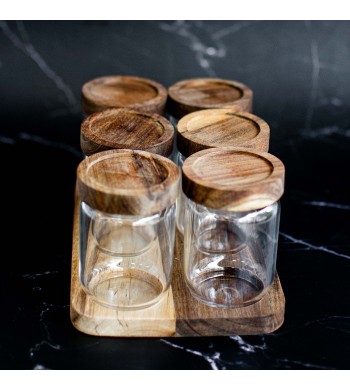 Set de 6 pots à épices Acacia avec plateau support en bois