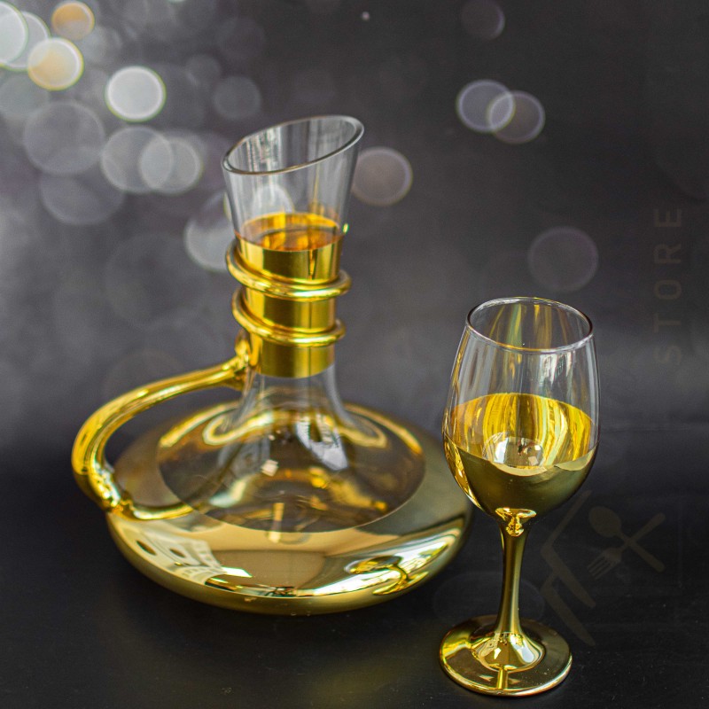 Service 7 pièces Carafe cristal doré avec 6 verres à pied