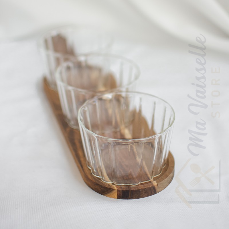 Plateau apéritif bois acacia 3 coupelles en verre