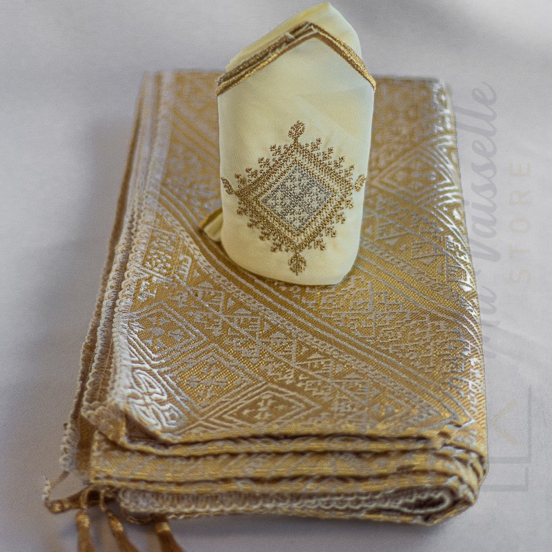 Set nappe marocaine tarz fessi dorée 140*140cm + 8 serviettes de table