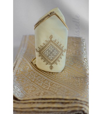 Set nappe marocaine tarz fessi dorée 140*140cm + 8 serviettes de table