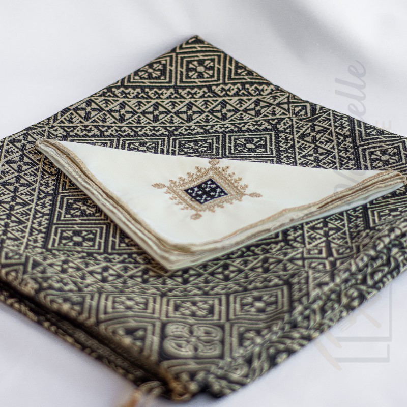 Set nappe marocaine tarz fessi noir dorée 140*140cm + 8 serviettes de table