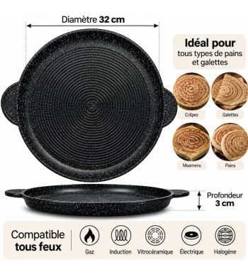 Galetière à pain, plancha plat tajine strié induction 32cm