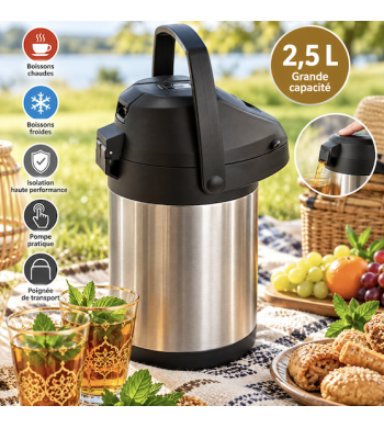 Pichet à pompe 2,5L isotherme double paroi, carafe à café avec pompe