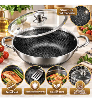 Poêle wok induction 34cm structure nid d'abeille anti-rayures