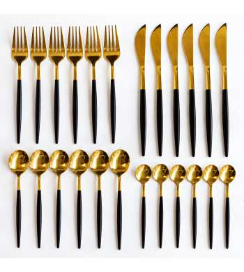 Ménagère coffret de 24 couverts en acier inoxydable noir et or