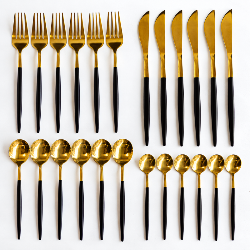 Ménagère coffret de 24 couverts en acier inoxydable noir et or